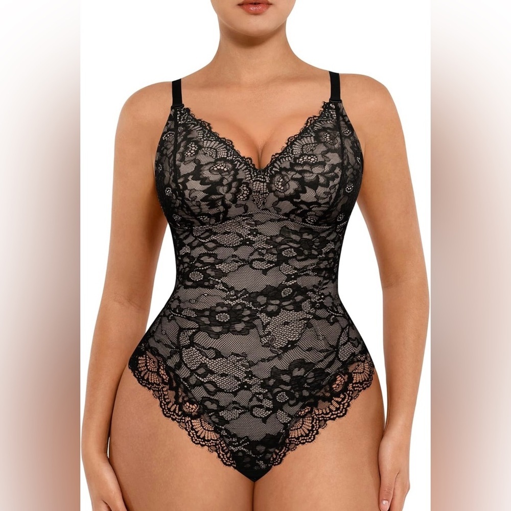 FeelinGirl Bodysuits for Women Shapewear Tummy Control Lace V-Neck Body Suits XL